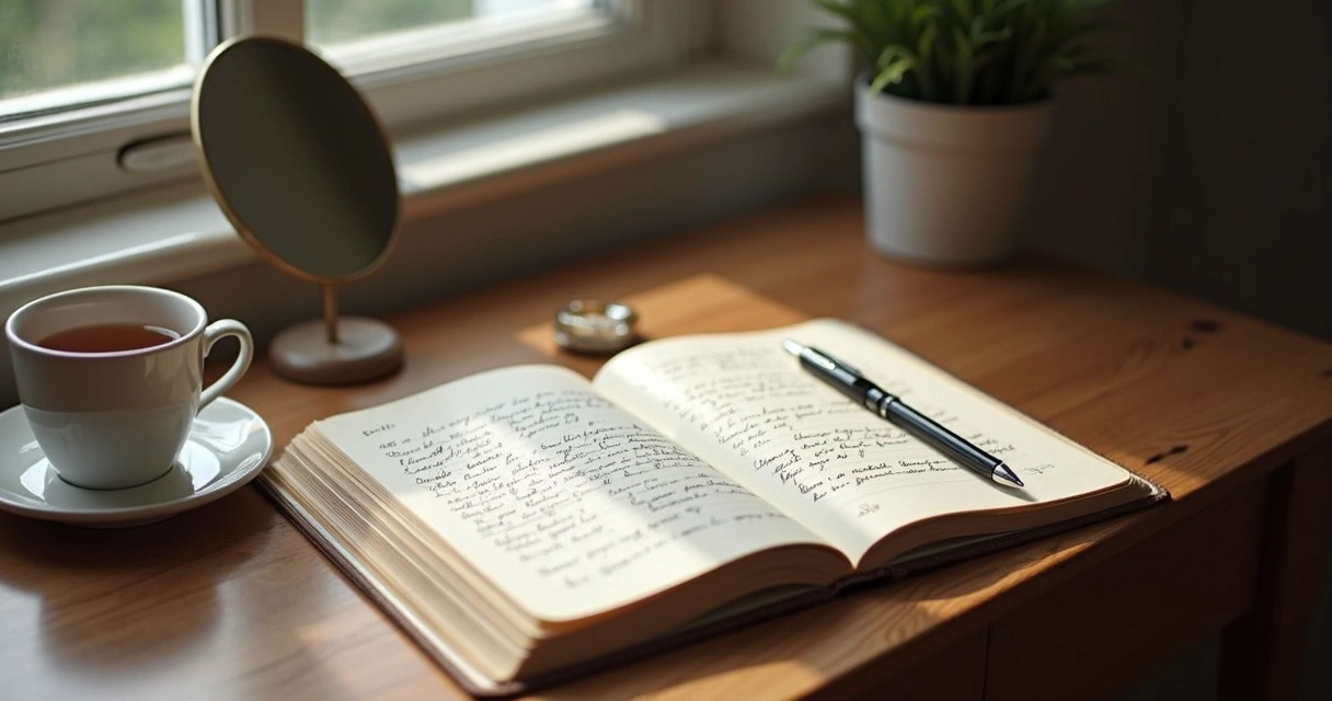 Open journal beside a mirror on a quiet desk