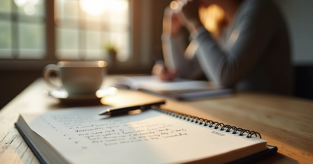 Notebook, pen, and tea beside a person reflecting by a window
