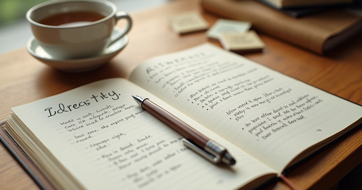 Open journal with handwritten notes and a cup of tea on a desk