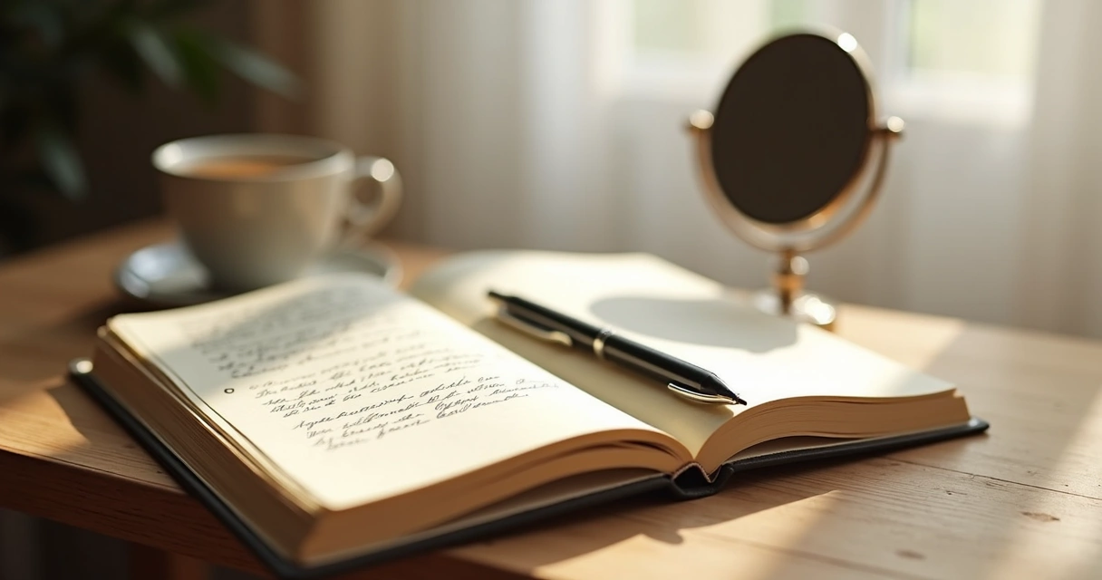 Open journal with mirror and handwritten notes on a desk 