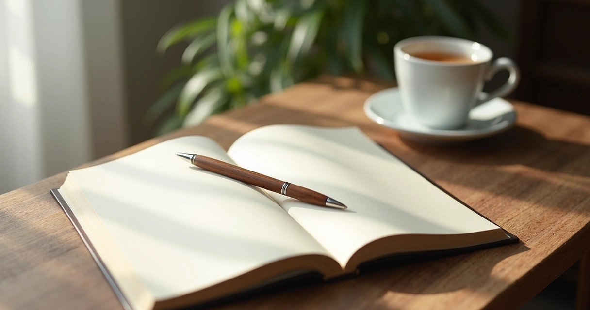 Open journal and pen on a quiet desk by morning light