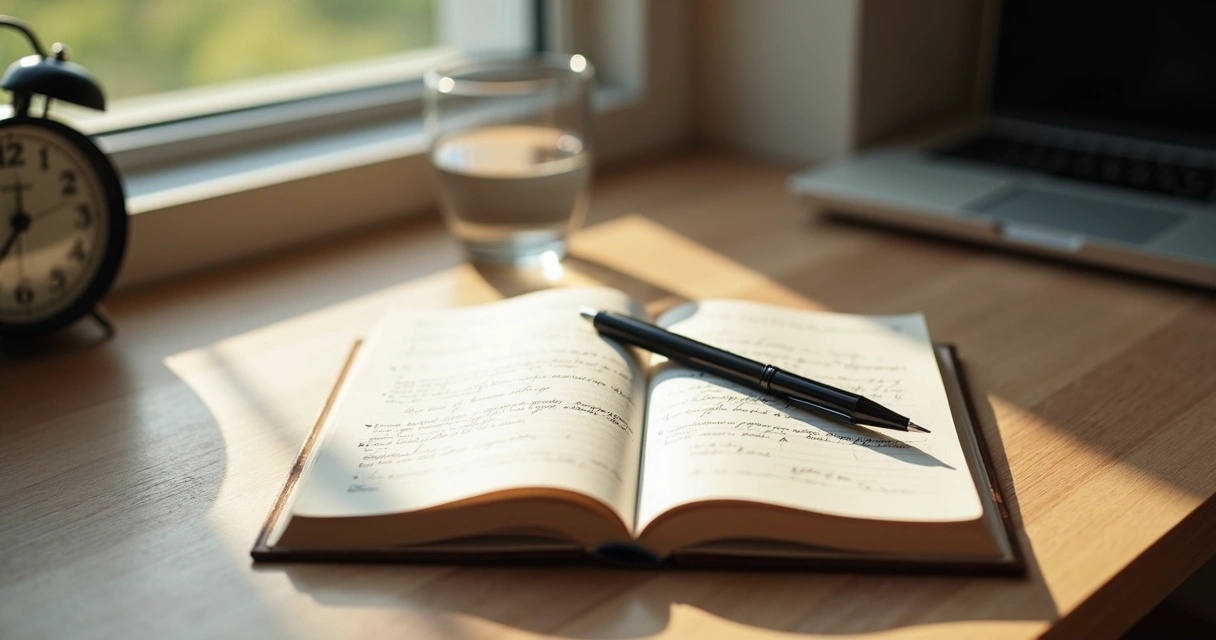 Open journal and pen on a desk with calm morning light
