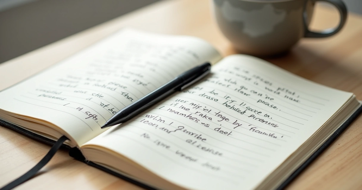 Open journal with self-talk notes and a pen on a desk