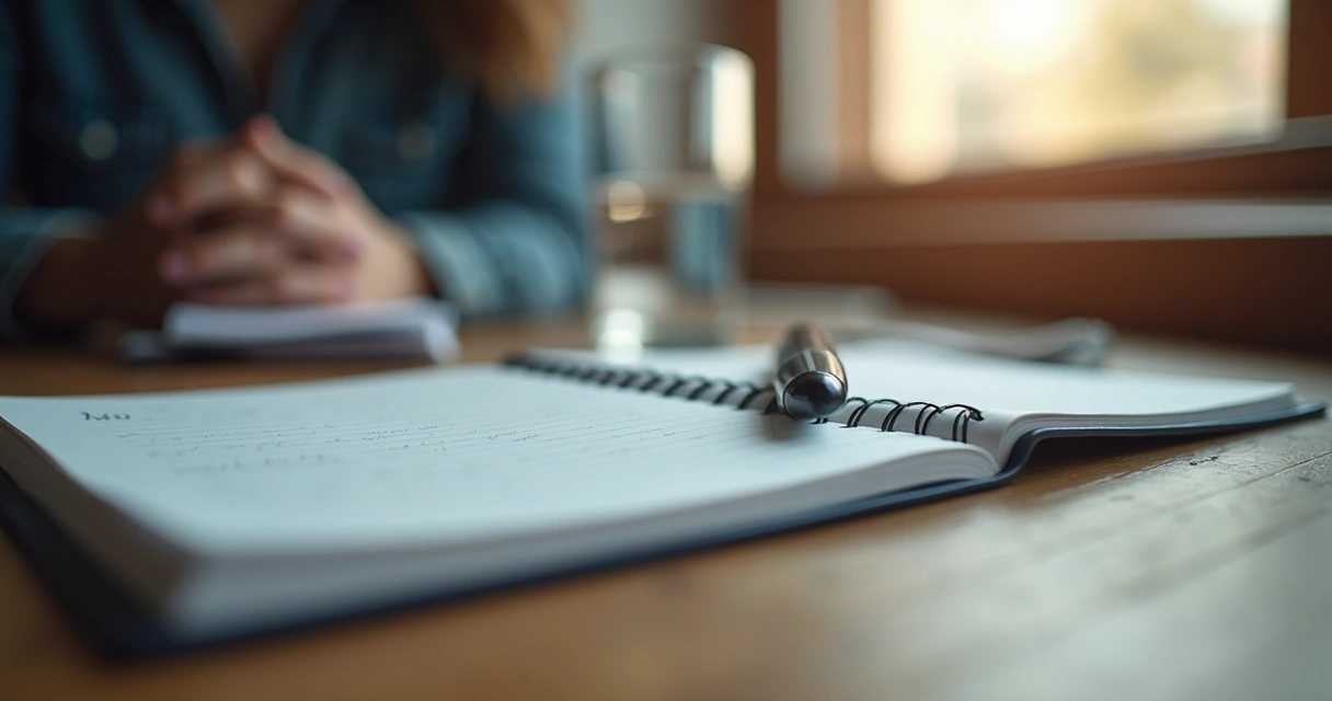 Open journal with handwritten reflections beside a window