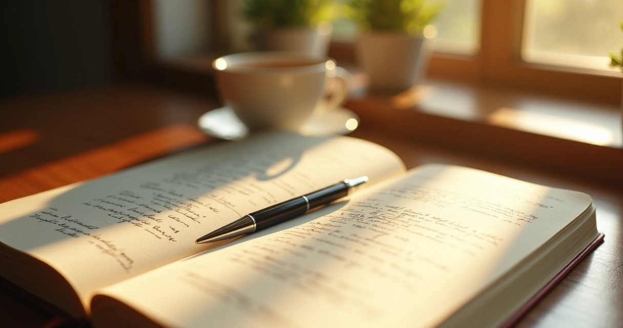 Open journal and warm light on a reflective desk