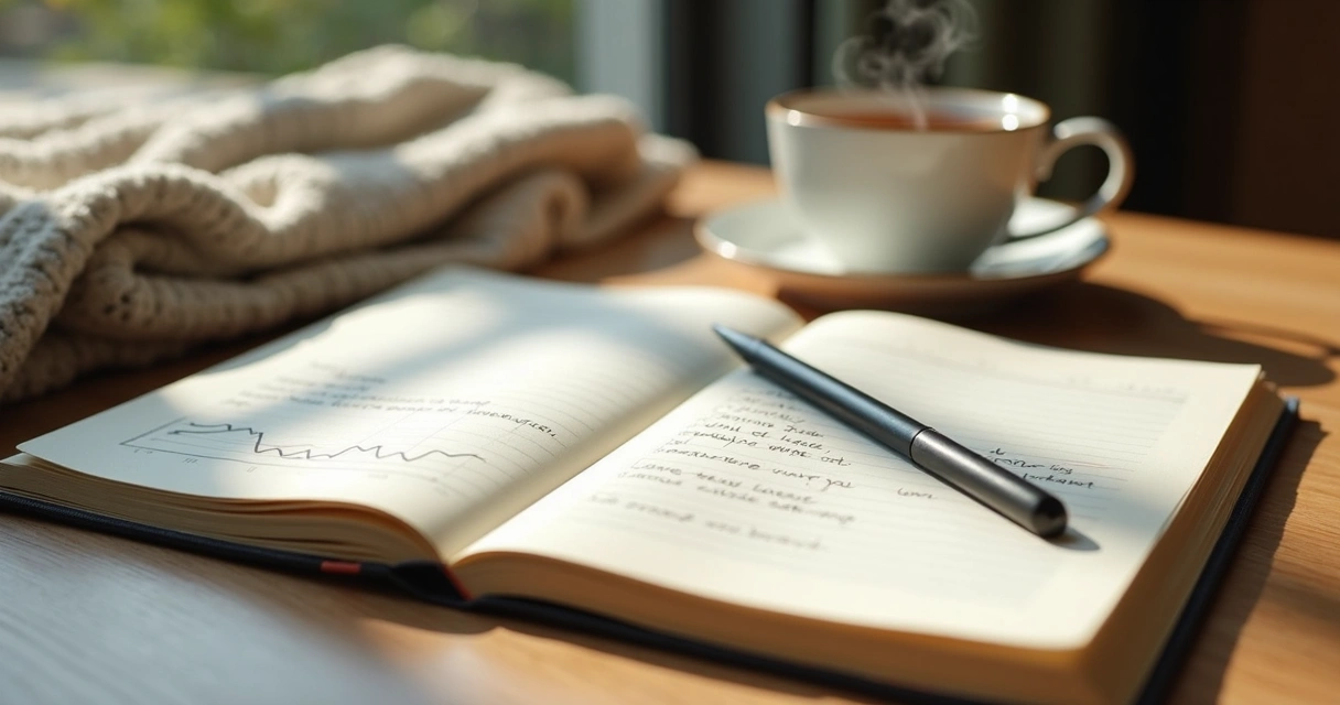 Open journal beside a cup of tea and a slow progress chart
