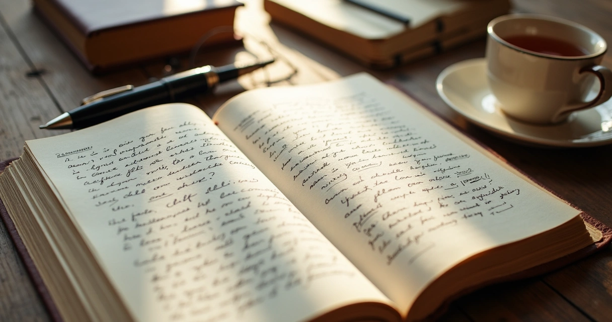 Open journal with handwritten notes beside a cup of tea
