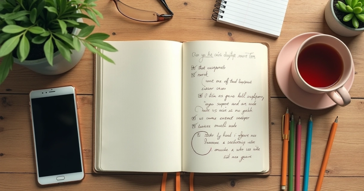 Journal with support plan and phone on a desk 