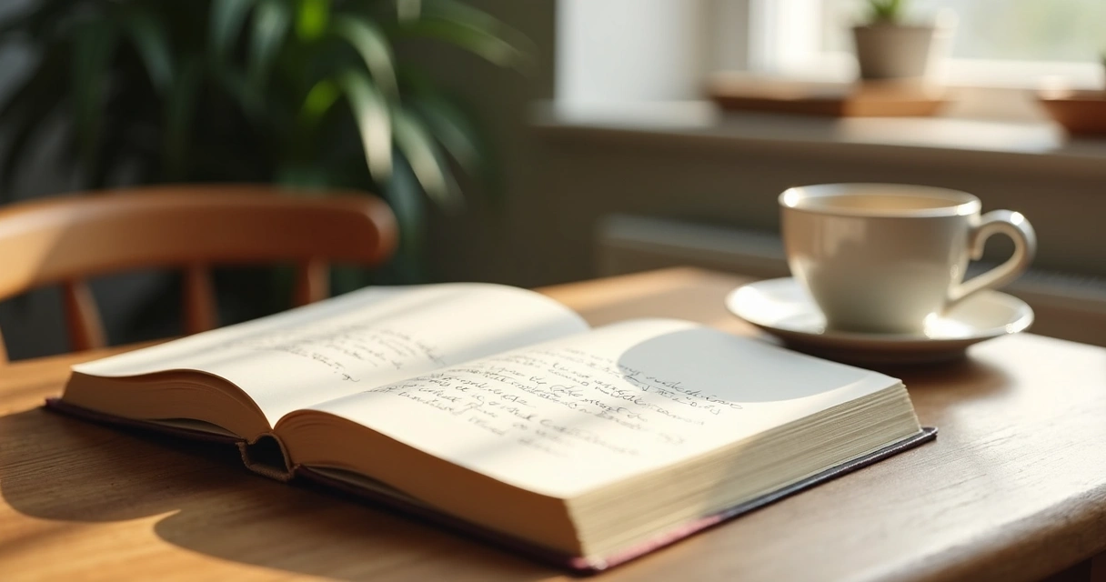 Open journal and tea cup on a quiet table by a window 
