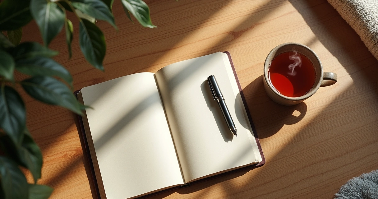 Open journal and tea on a quiet table by soft light
