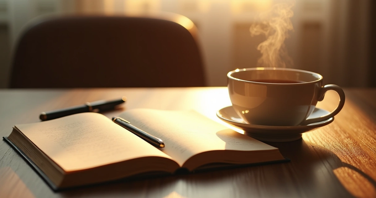 Open journal and tea cup on a table at evening