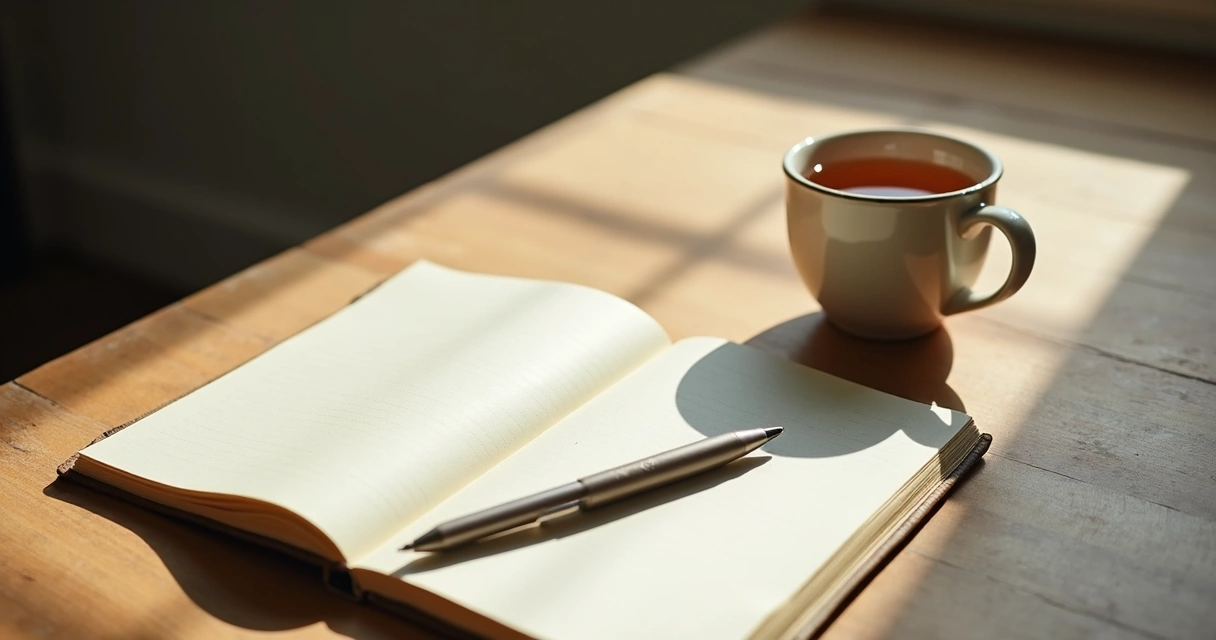 Open journal beside a cup of tea by a window 