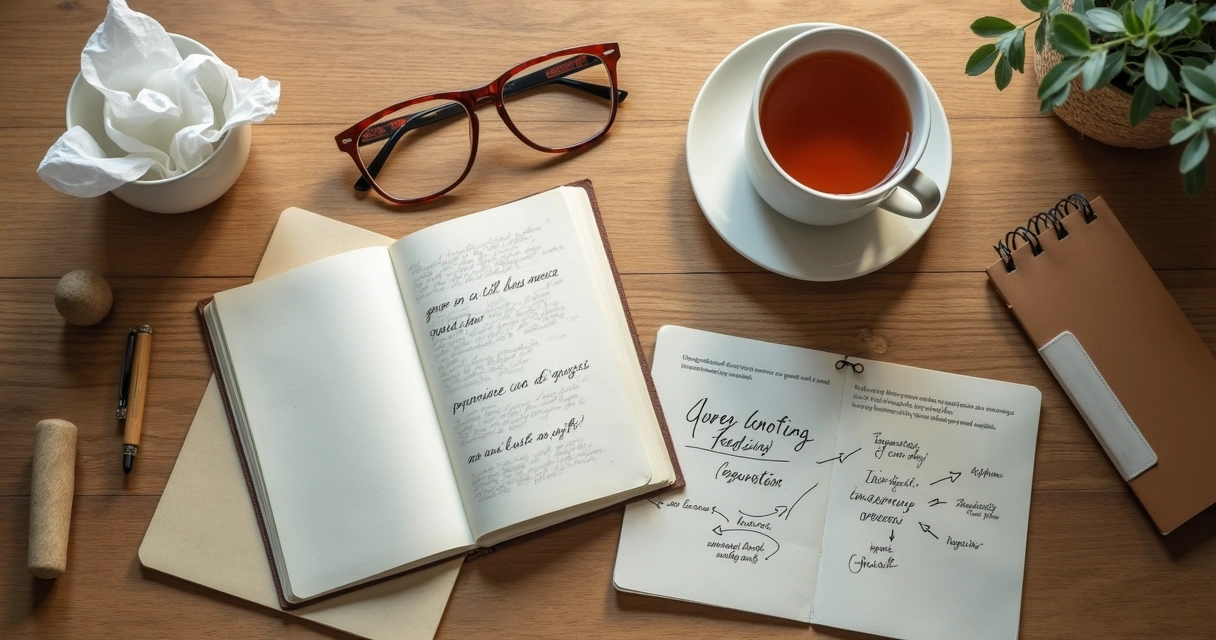 Journal, tea, and therapy notes on a calm wooden table 