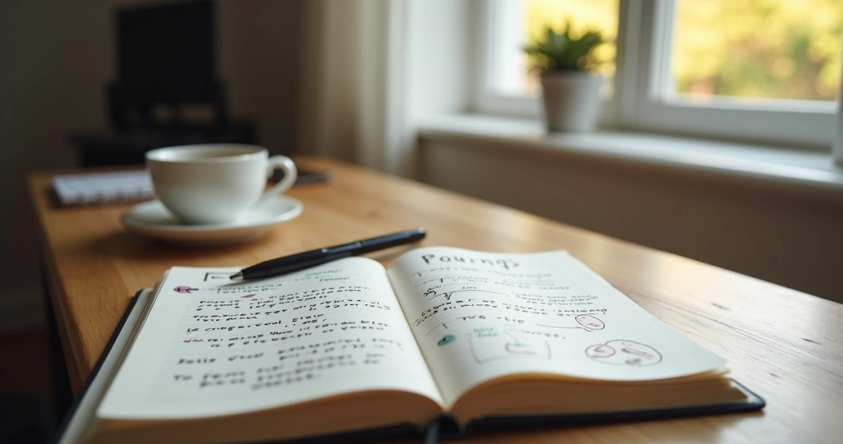 Open journal and pen on desk beside thoughtful person silhouette 