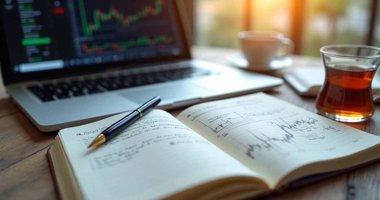 Open trading journal with handwritten notes and charts 
