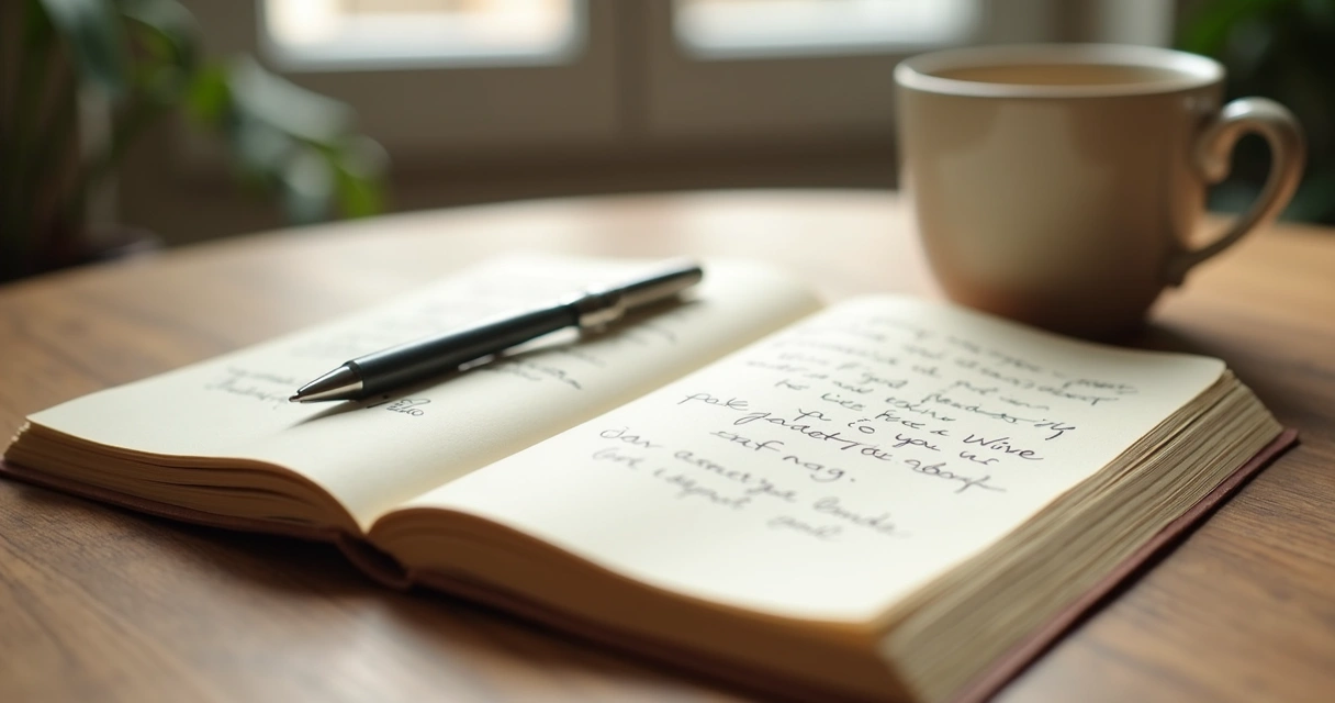 Open journal with handwritten notes beside a cup of tea