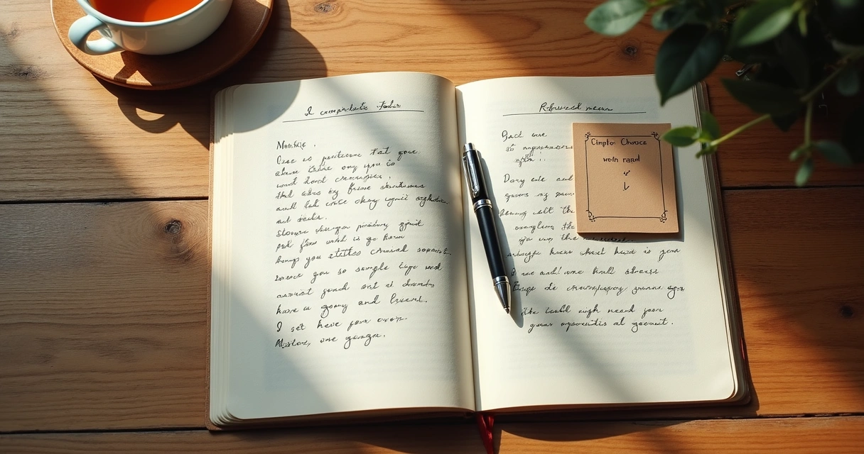 Open journal beside two choice cards on a desk 