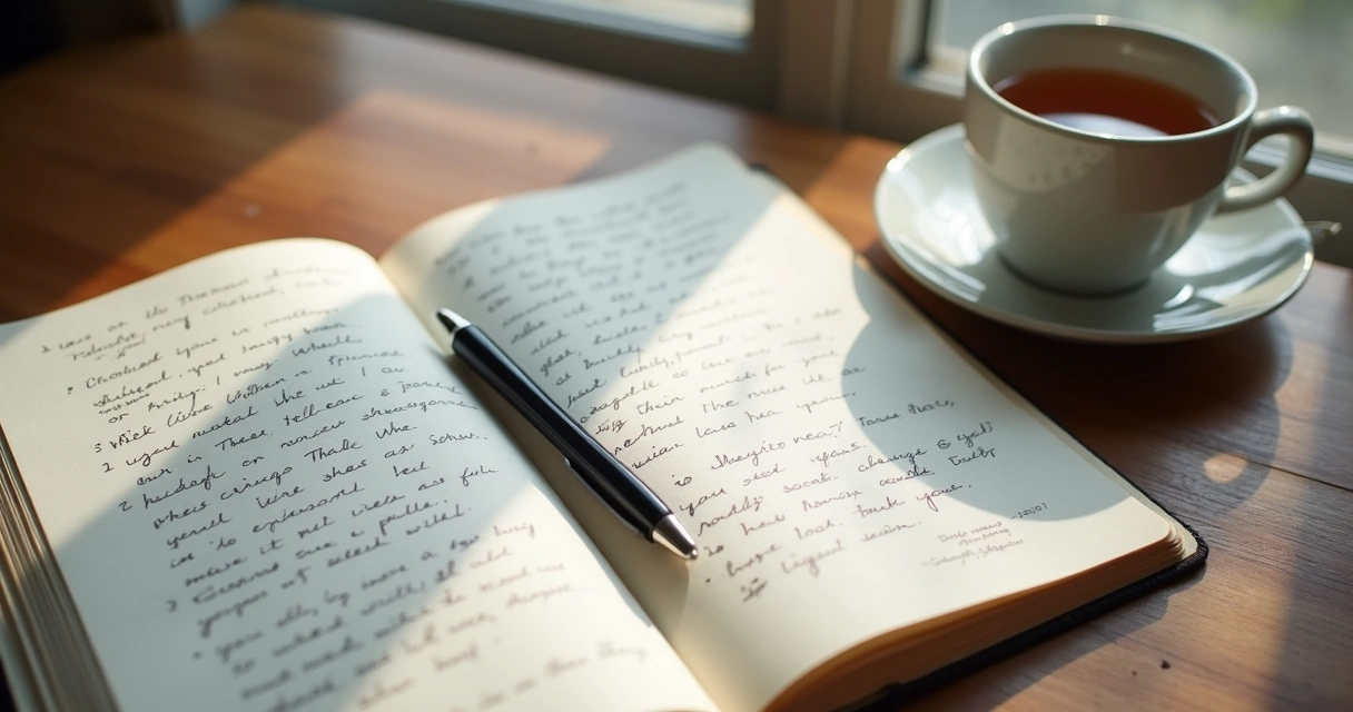 Open journal with handwritten notes beside a cup of tea