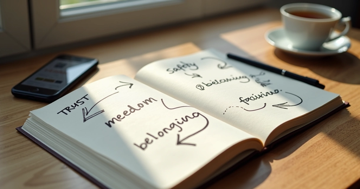 Open journal with notes and shifting value words on a desk 