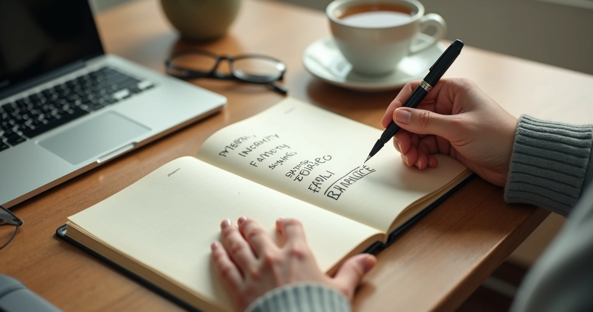 Person writing values in a journal at a desk 