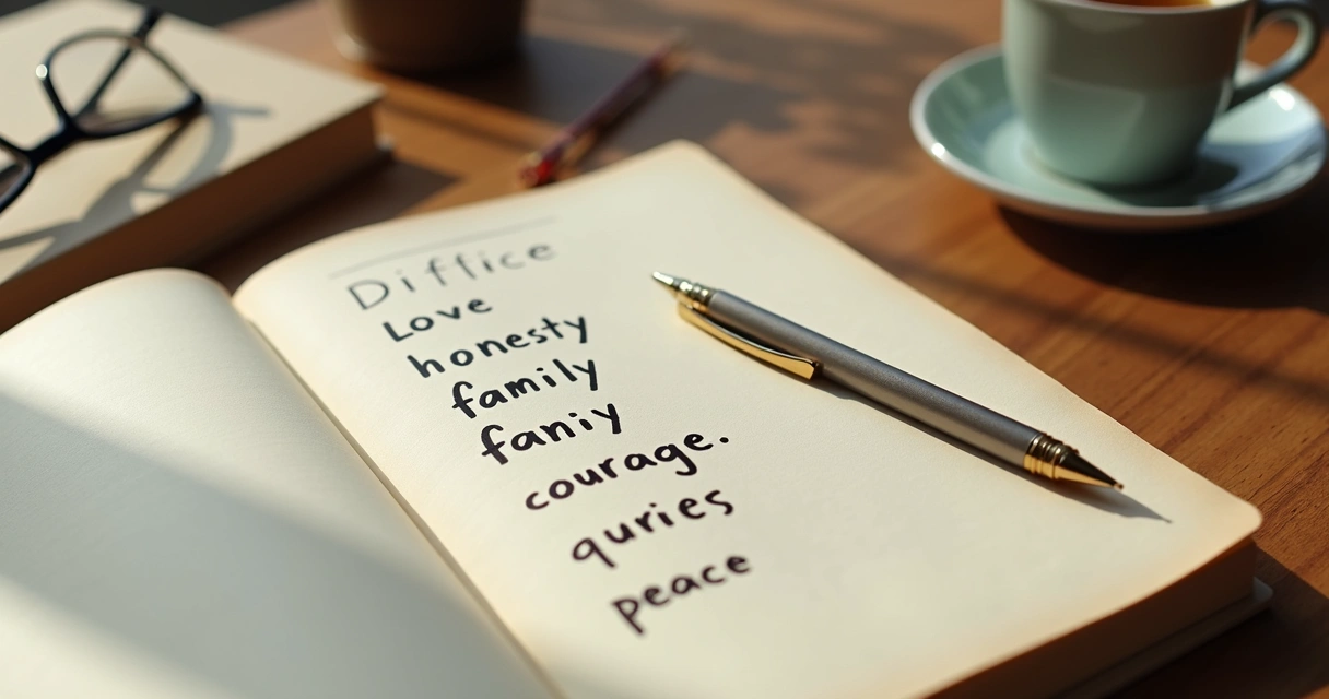 Open journal with handwritten values list on a wooden desk