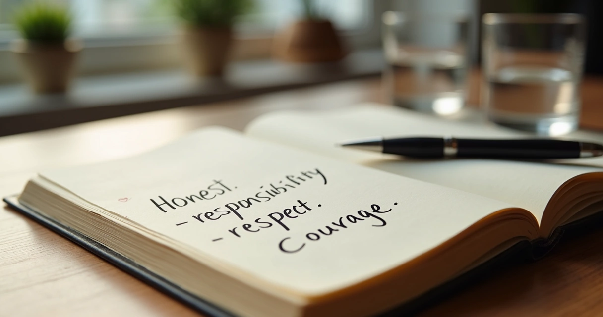 Open journal with handwritten values and a pen on a calm desk 