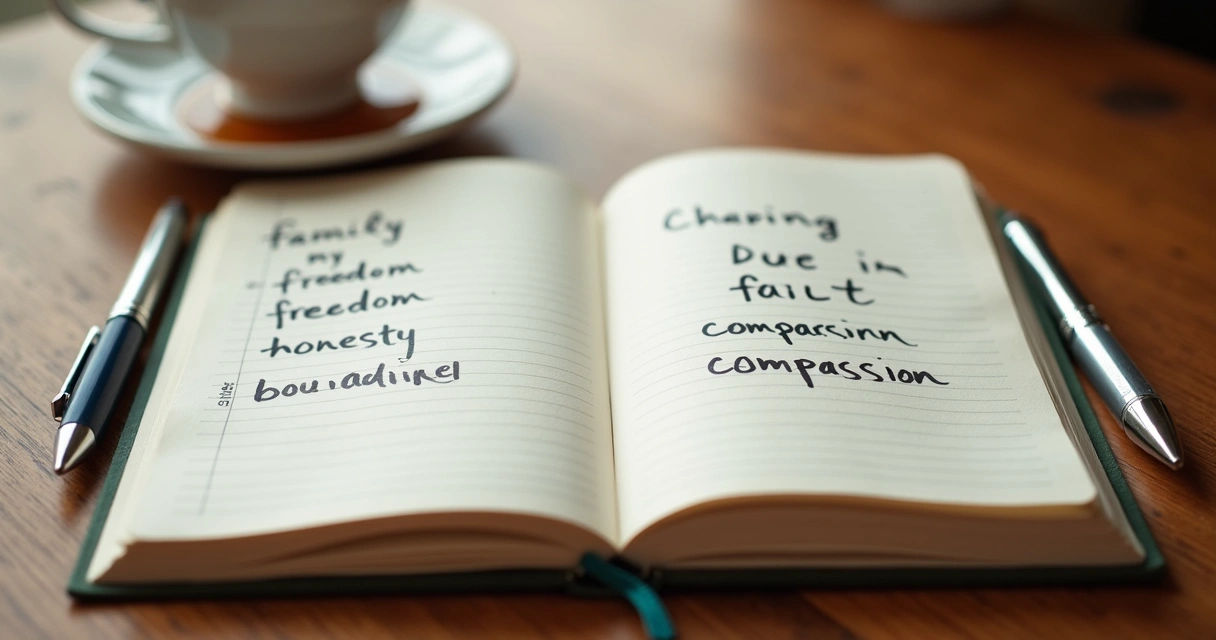 Notebook with handwritten values and two pens on a wooden desk