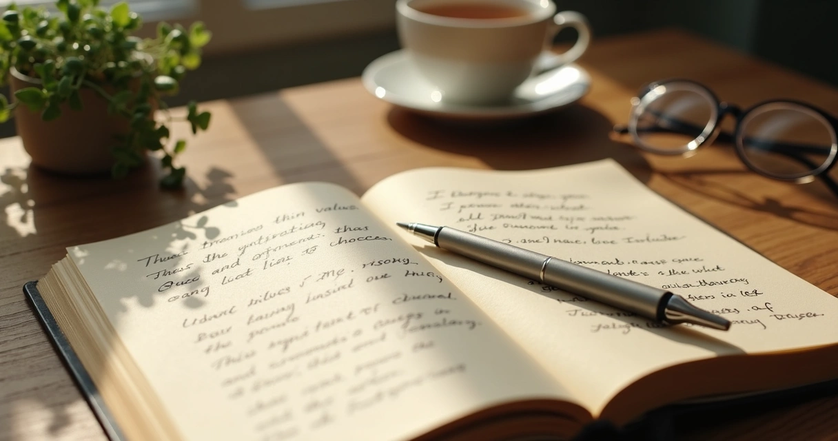 Open journal with handwritten value notes on a wooden desk
