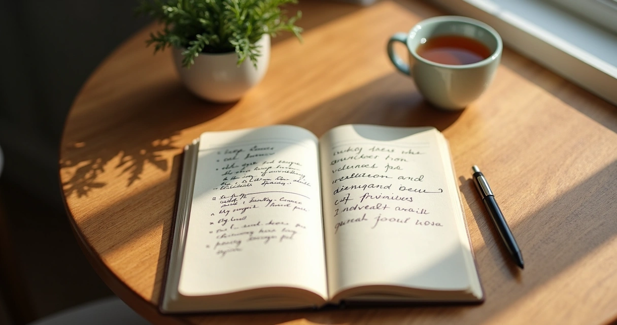 Open journal with pen beside tea on a calm morning table
