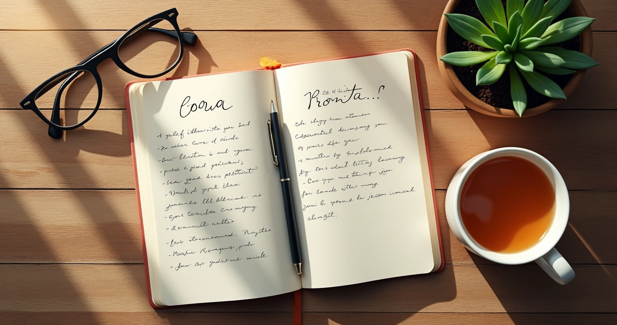 Open journal with handwritten goals and a cup of tea on a desk 