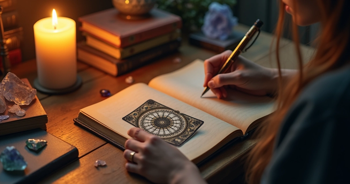 Tarot reader writing in a journal, Wheel of Fortune card nearby, candlelit desk 