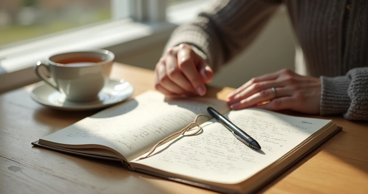 Open journal on a table by a sunlit window 