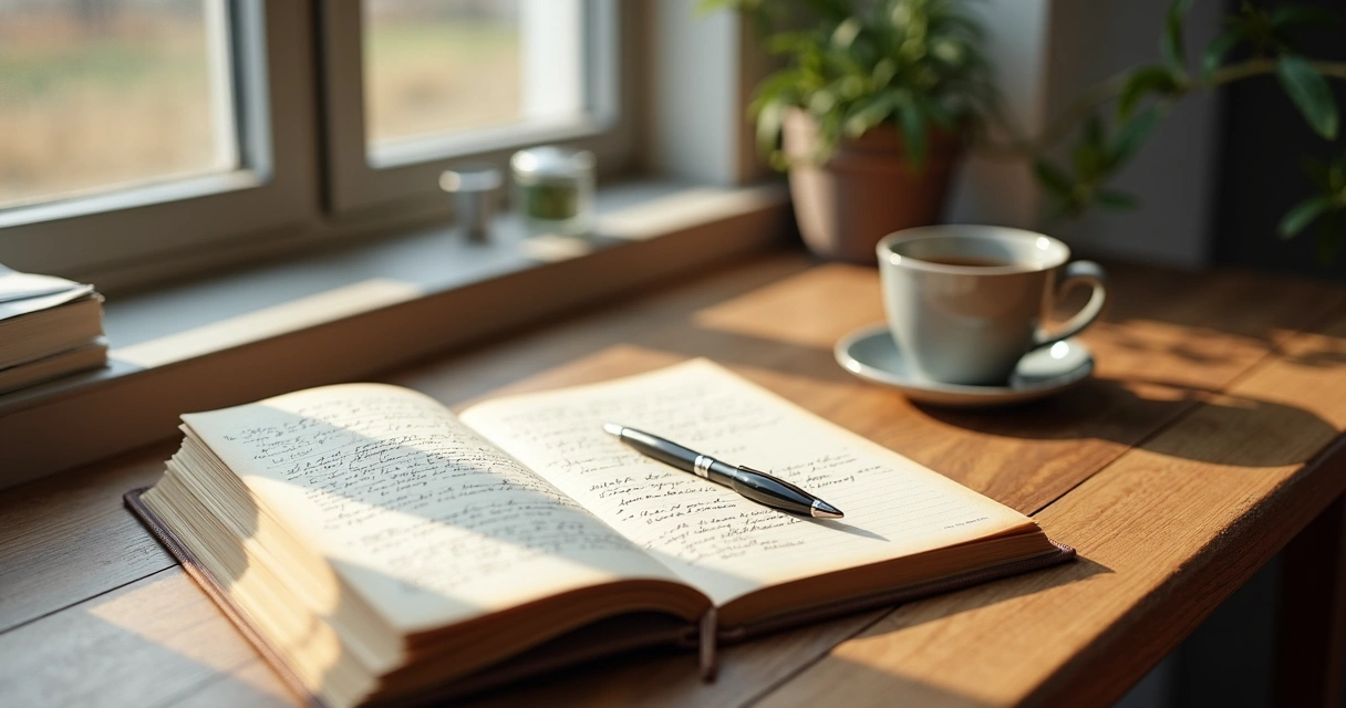 Open journal on a desk by a window with soft morning light
