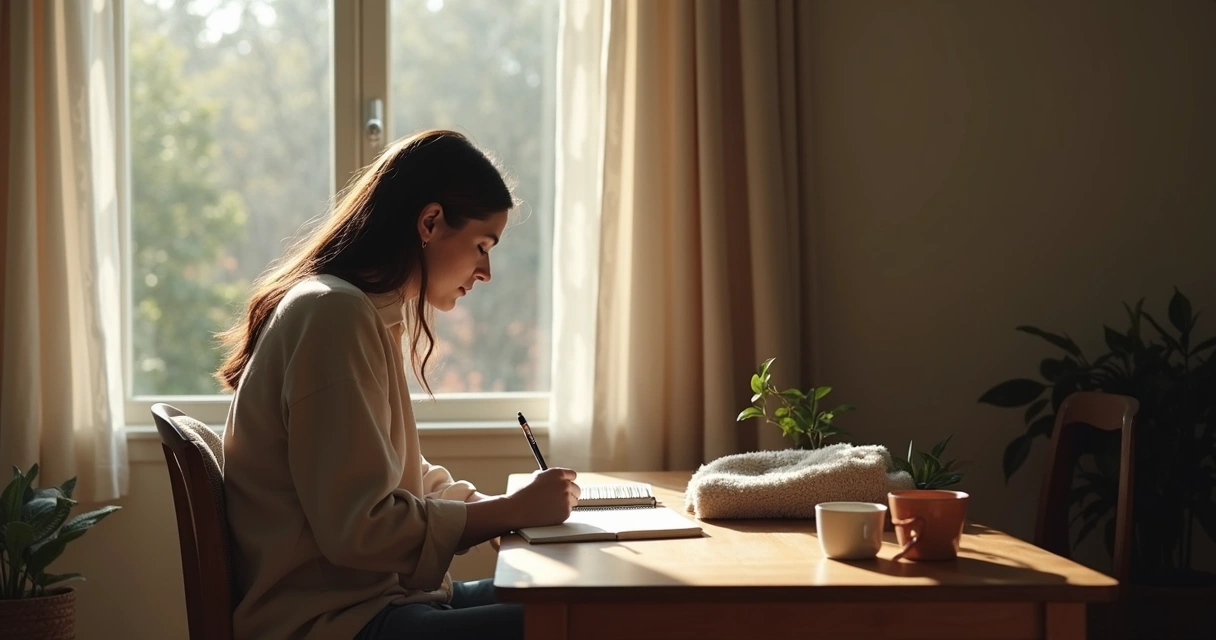 Person writing in a journal by a window 