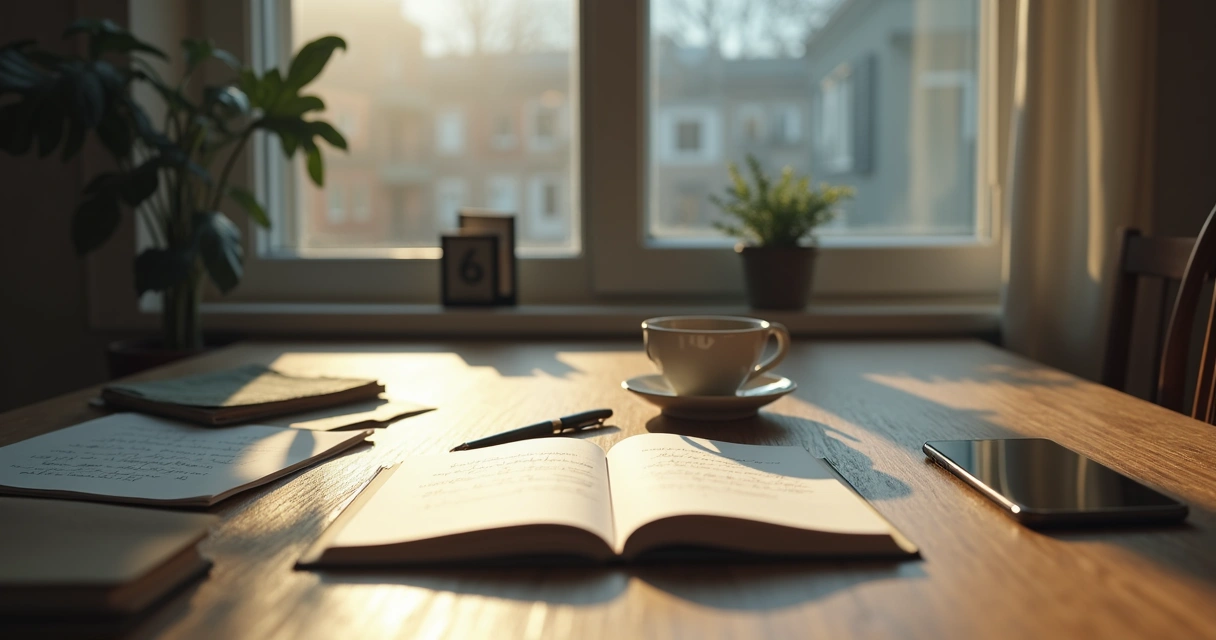 Notebook and window reflection on a quiet desk 