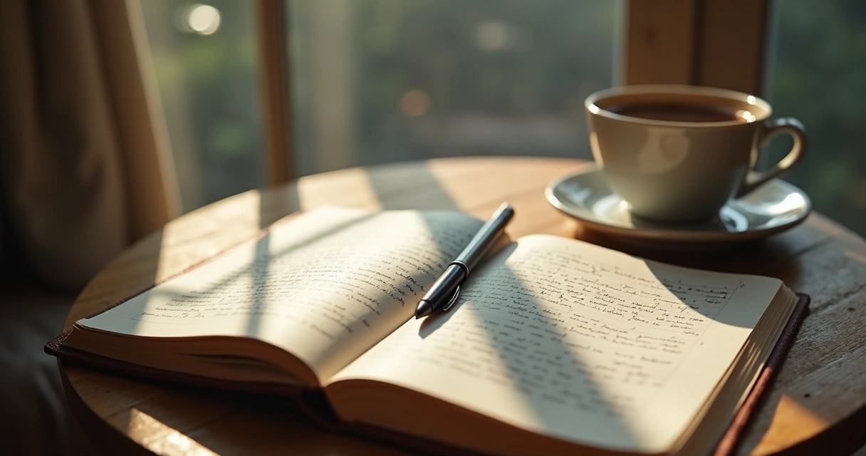 Journal and coffee by a window with reflection 