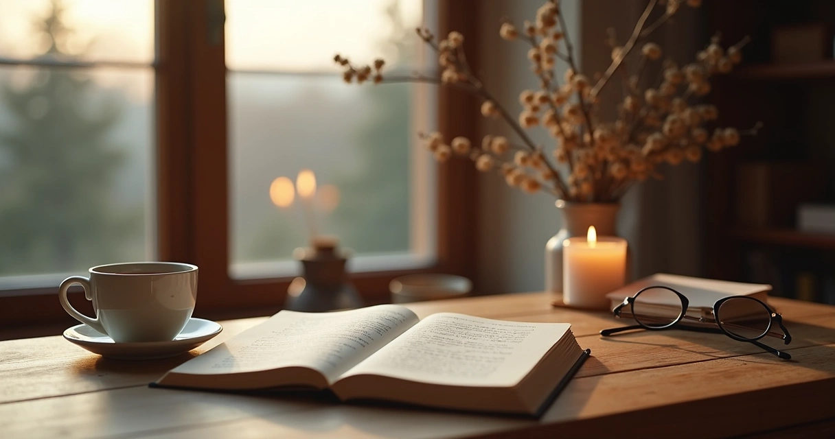 Open journal and tea cup by a window during quiet reflection 