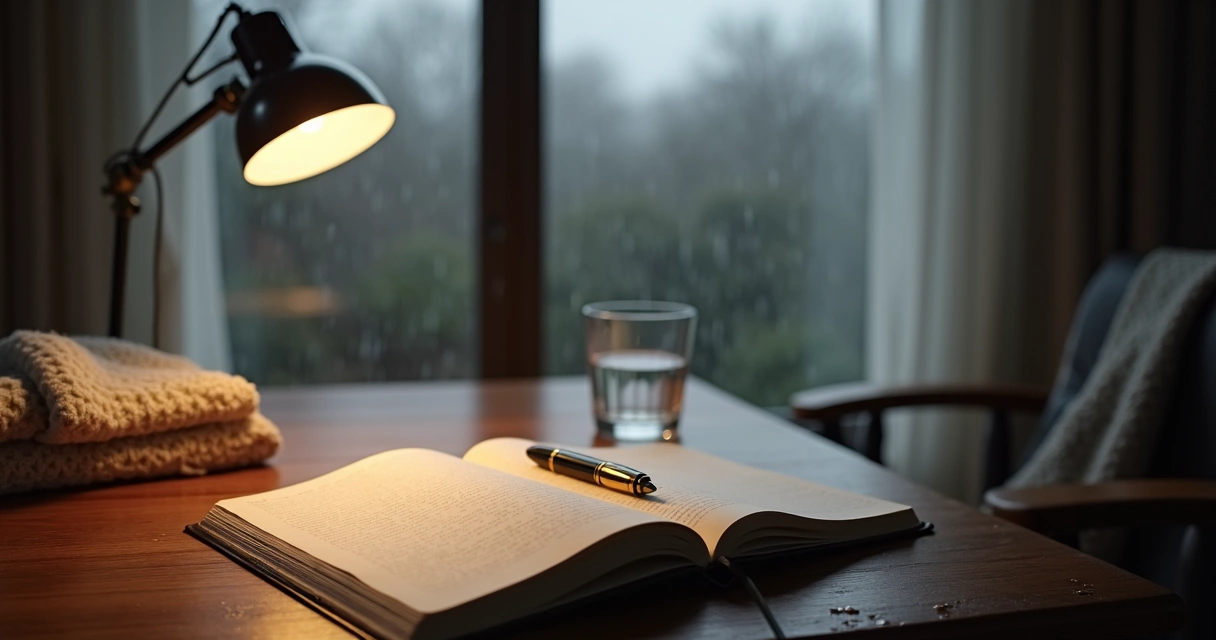 Open journal beside a rainy window with soft indoor light