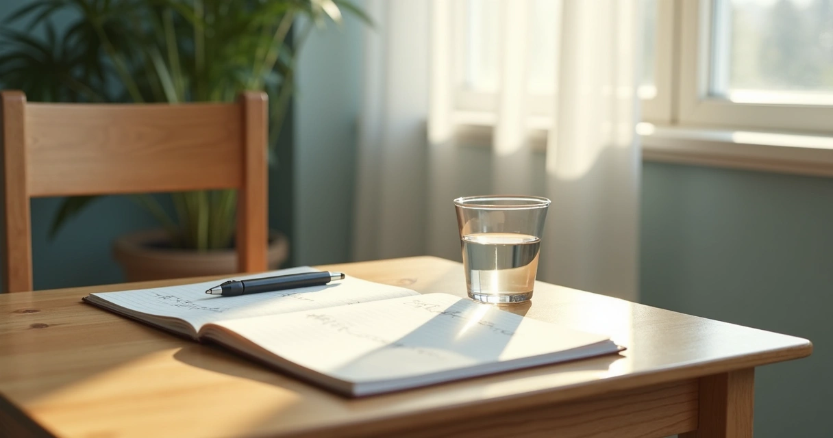 Notebook and glass of water by a window for reflection