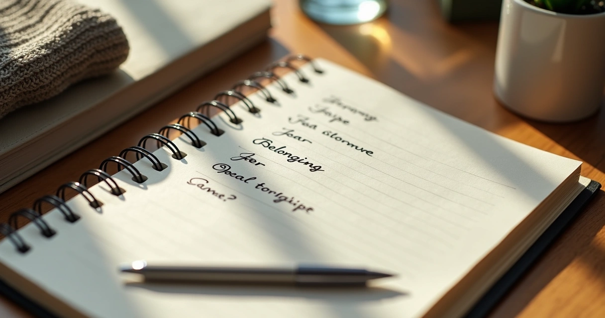 Open journal with handwritten reflection questions on a desk 