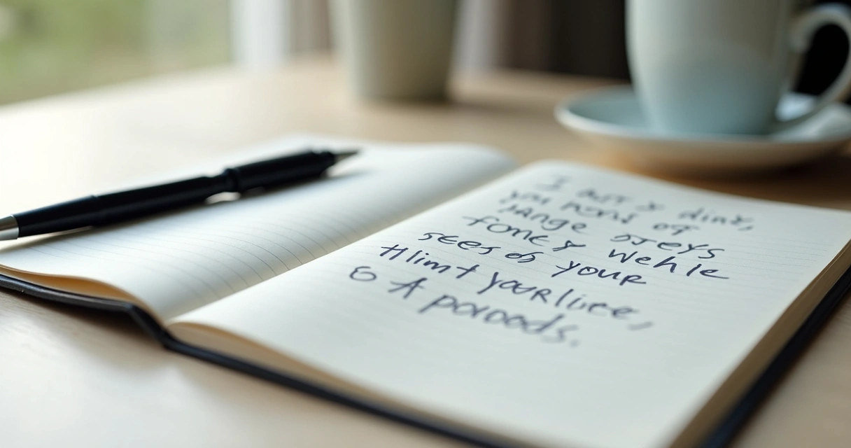 Notebook with rewritten phrases and a pen on a desk 