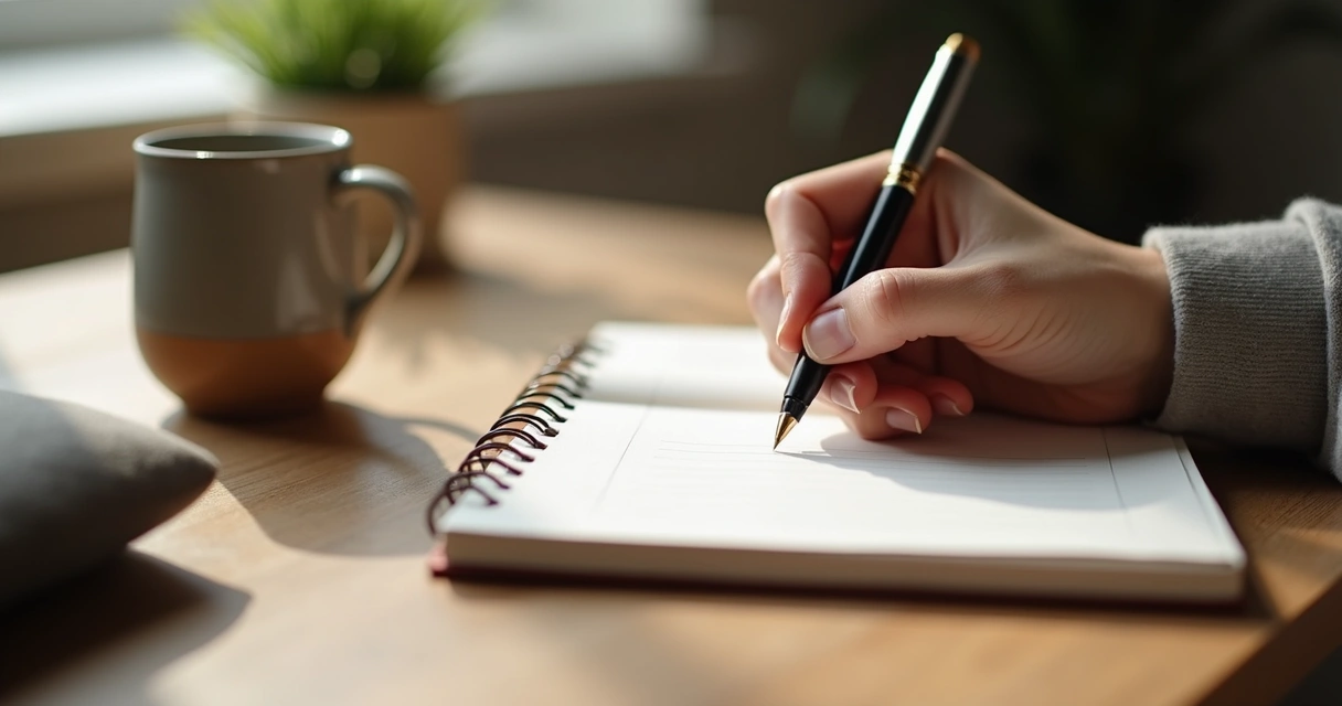 Person journaling in a notebook at a wooden table after meditation 