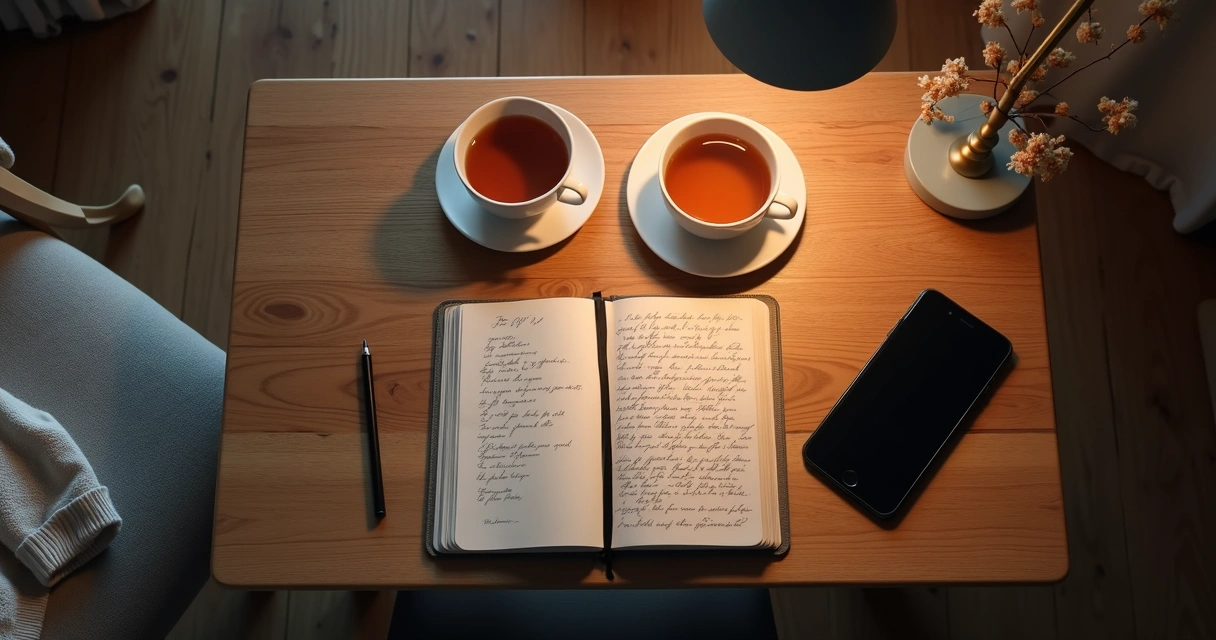 Notebook and tea during quiet recovery after a social event