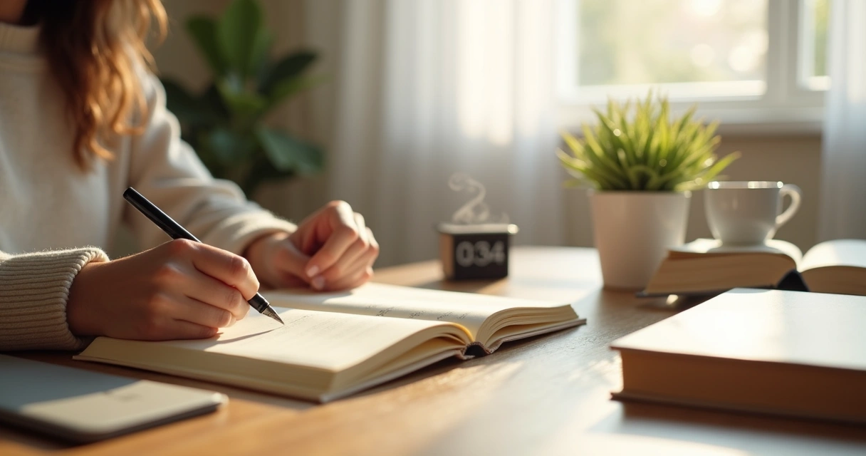 Pessoa escrevendo em diário em mesa organizada com luz natural suave 