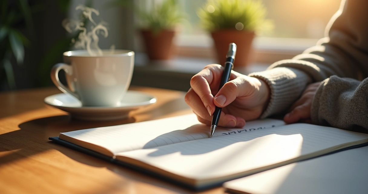 Mano escribiendo en un diario luminoso con taza y planta al lado 