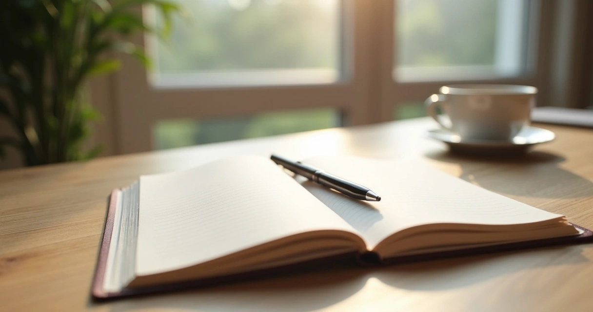 Notebook and pen beside a window with soft morning light 