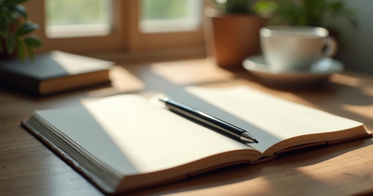 Caderno aberto com caneta ao lado, pronto para anotações matinais 