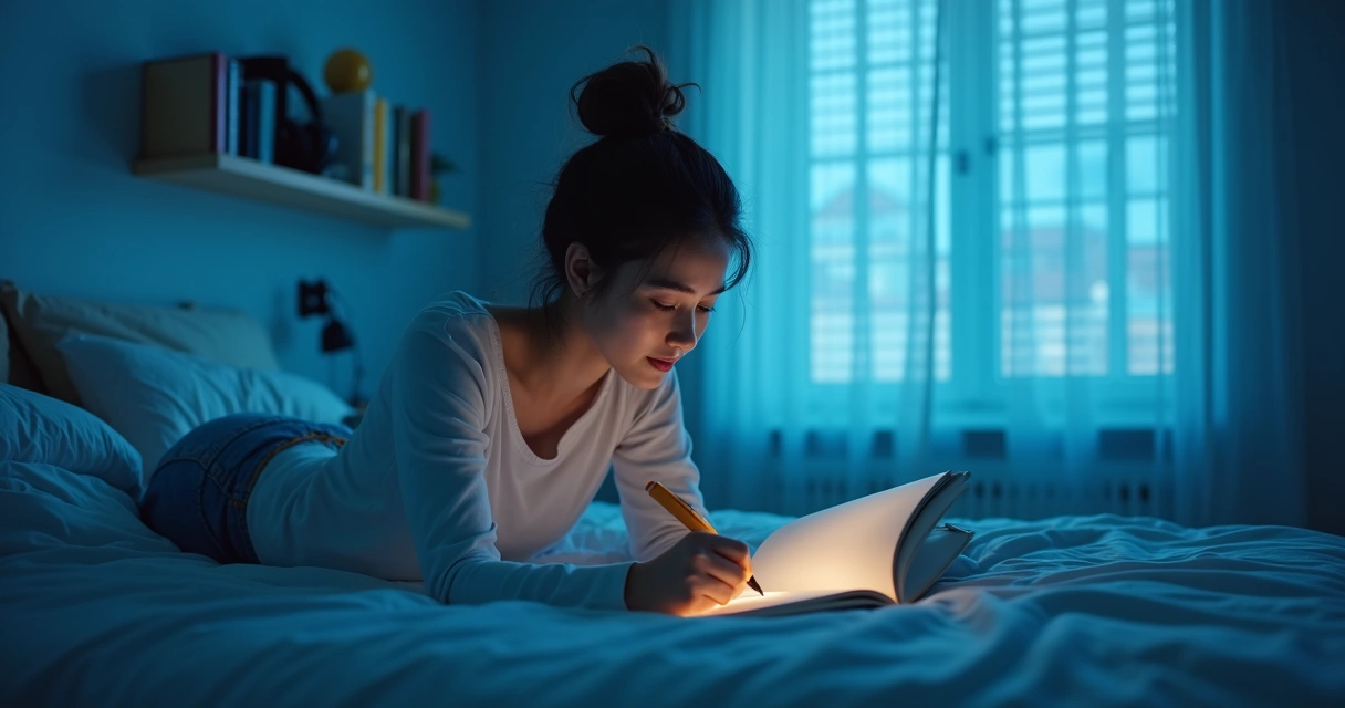 Pessoa escrevendo caderno ao lado da cama com luz azul suave 