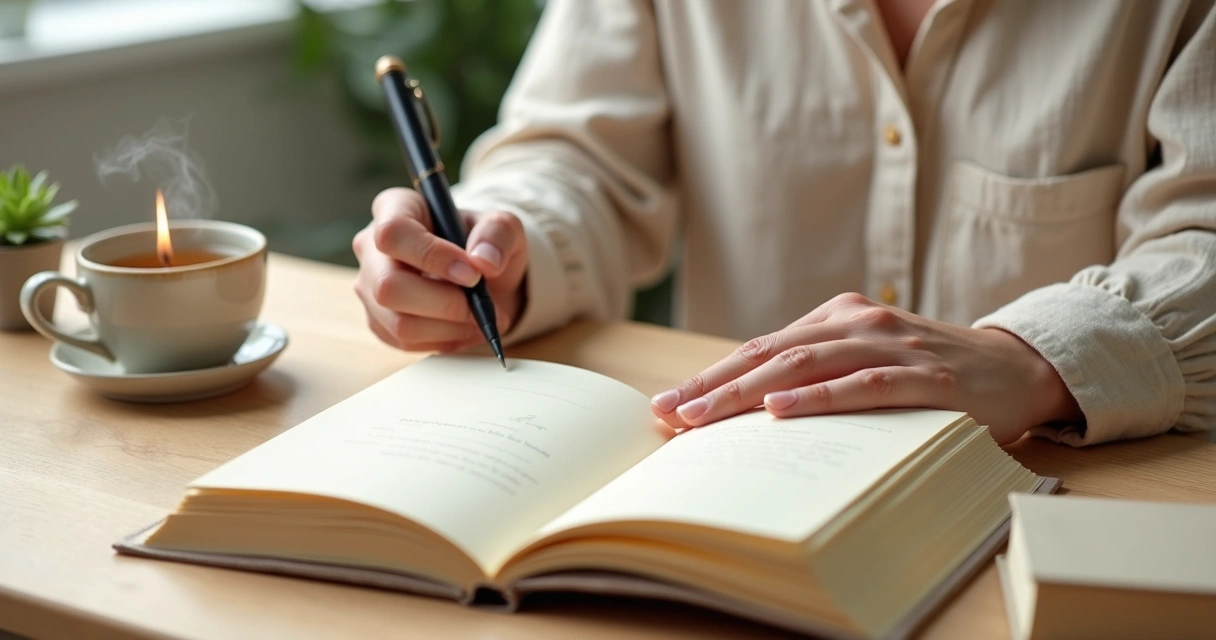 Pessoa escrevendo em caderno de journaling sobre mesa minimalista com vela e xícara de chá 