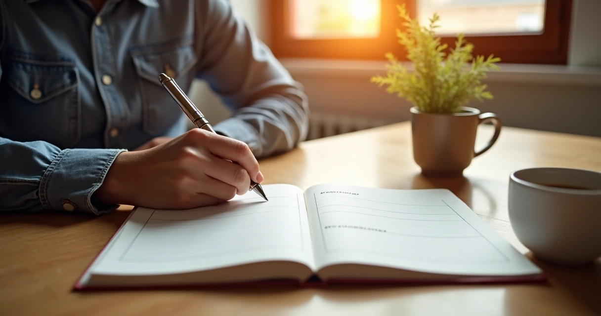 Person writing decisions and reflections in a journal at a table with a coffee mug
